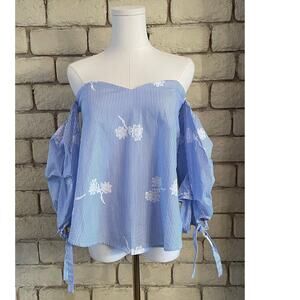 Kaii Blue Striped Off-Shoulder Floral Print Blouse - Boho Ruched Tie Sleeve